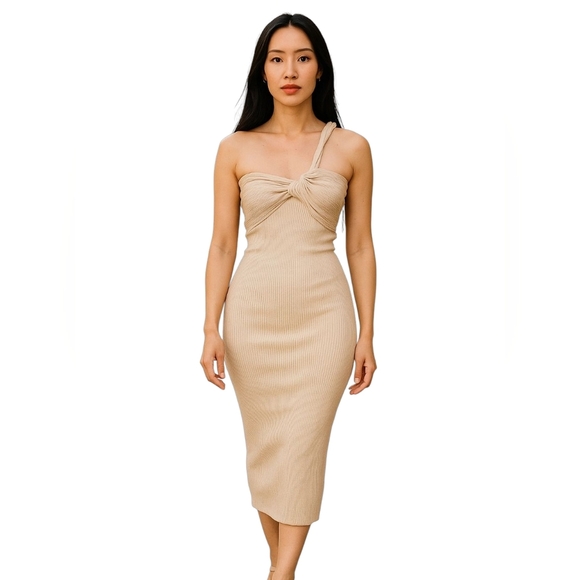 YACHT CLUB Knit One Shoulder Side Slit Midi Dress In Beige. Size S/M NWT - Picture 3 of 13